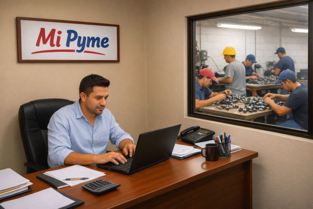 Un pequeño empresario trabajando en su oficina para saber qué impuestos paga na Pyme