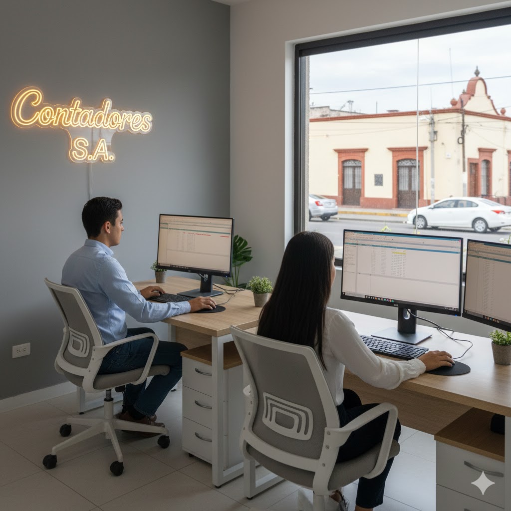 Vista al interior de una oficina de contabilidad. dos contadores trabajan en qué impuestos paga una PyMe en México. 