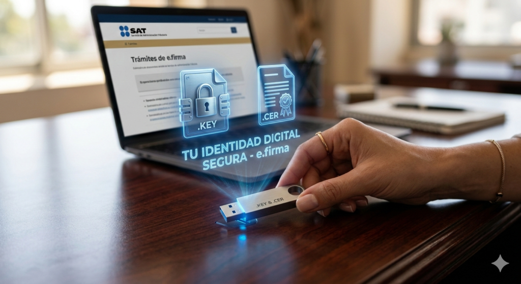 Firma electrónica del SAT Primer plano de unidad USB metálica con archivos digitales .KEY y .CER de la e.firma del SAT proyectados en un holograma sobre una oficina contable