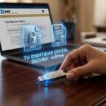 Primer plano de unidad USB metálica con archivos digitales .KEY y .CER de la e.firma del SAT proyectados en un holograma sobre una oficina contable