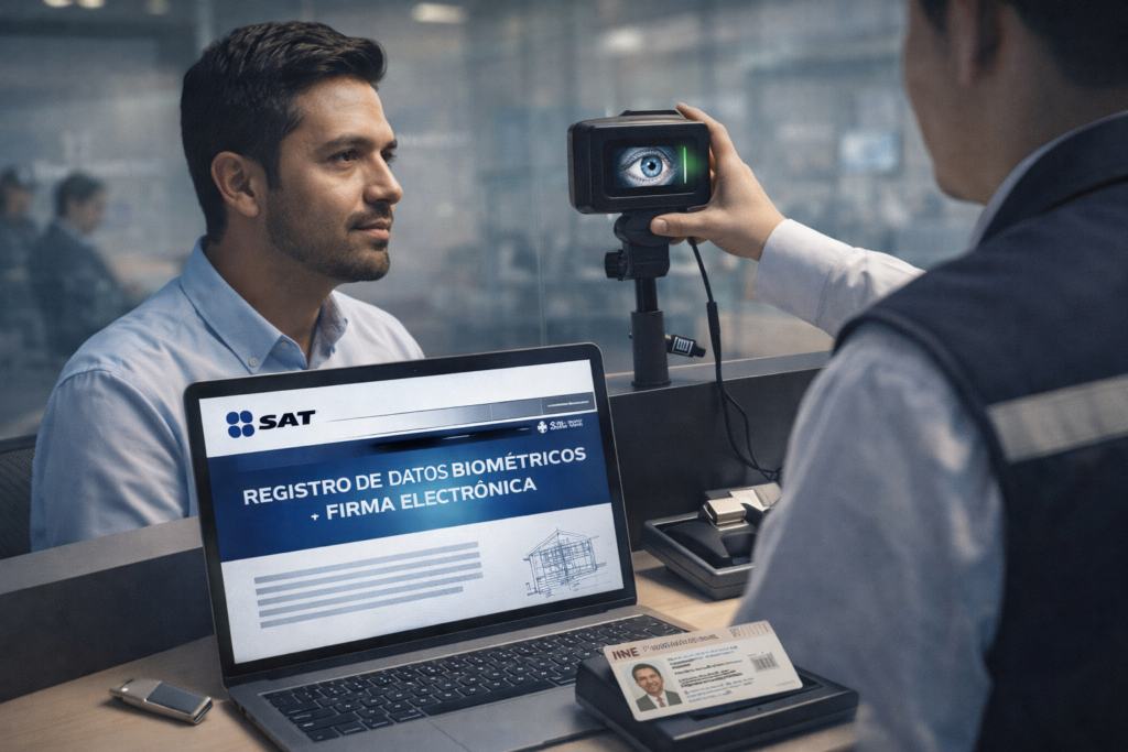 Registro biométrico en oficina del SAT Contribuyente mexicano realizando registro de datos biométricos (iris, huellas) con escáner de alta tecnología en oficina moderna del SAT para obtener su e.firma.