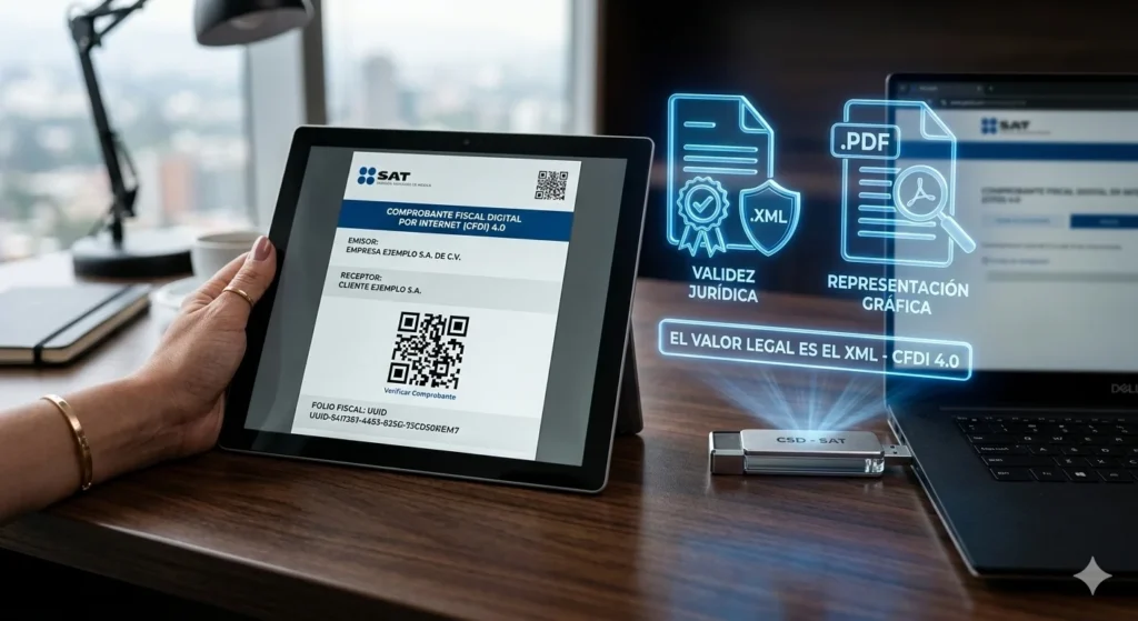 Primer plano de unidad USB metálica proyectando hologramas azulados de los archivos digitales .XML y .PDF de un CFDI 4.0 con sello del SAT. para responder a qué es el CFDI y para qué sirve
