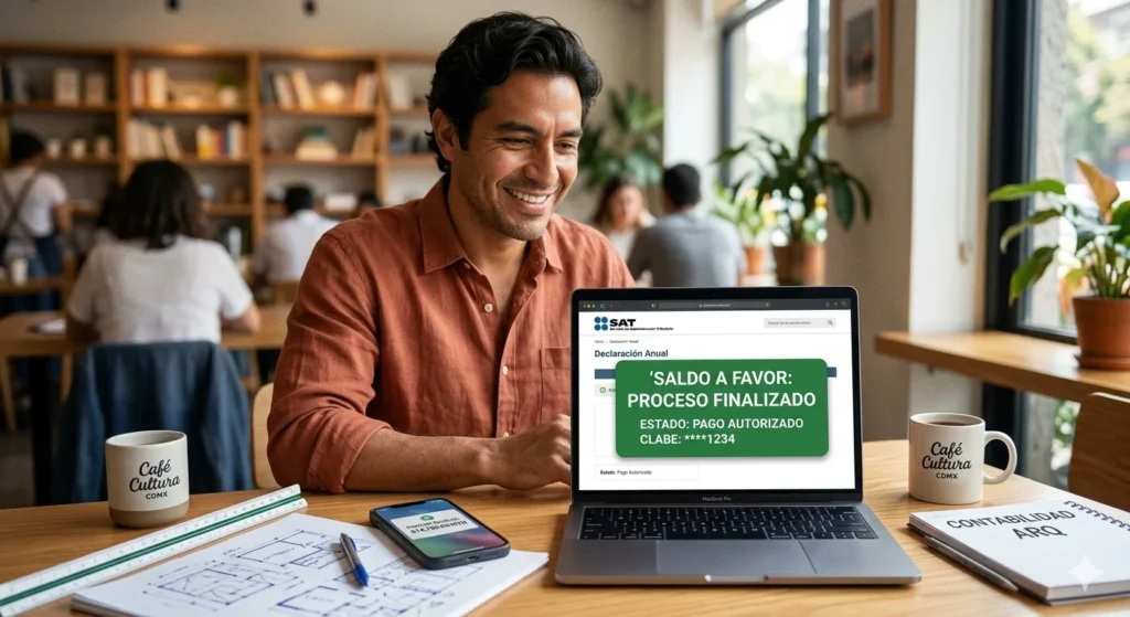 Un joven empresario Arquitecto independiente mexicano sonríe al ver su saldo a favor autorizado de $14,750 MXN en el portal del SAT tras finalizar su contabilidad.  Imagen para ilustrar qué es la contabilidad de personas físicas.