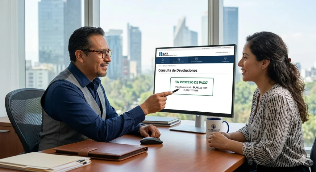 Devolución SAT en proceso de pago Imagen de un contador asesorando a su cliente para ilustrar cómo saber si tienes saldo a favor en el SAT