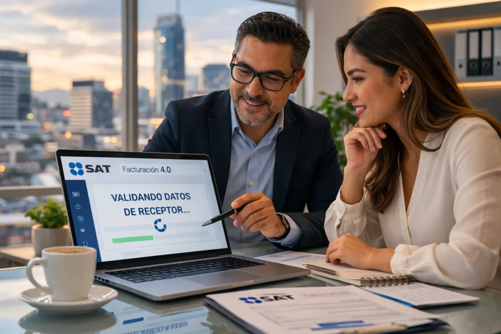 Imagen de un contador y una empresaria para ilistrar cómo puedo genear una factura electrónica del SAT