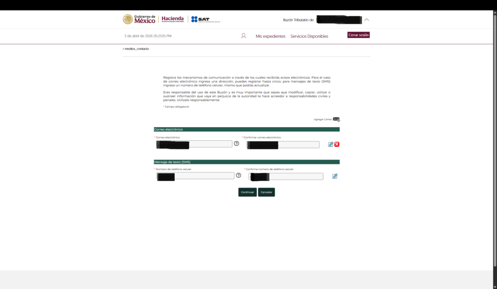 Acceso buzón tributario SAT Captura de pantalla que muestra cómo actualizar datos de contacto del Buzón Tributario SAT