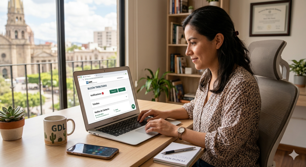 Buzón tributario SAT 1 "Emprendedora mexicana en Guadalajara gestionando notificaciones en su Buzón Tributario SAT desde su laptop en una oficina en casa iluminada".