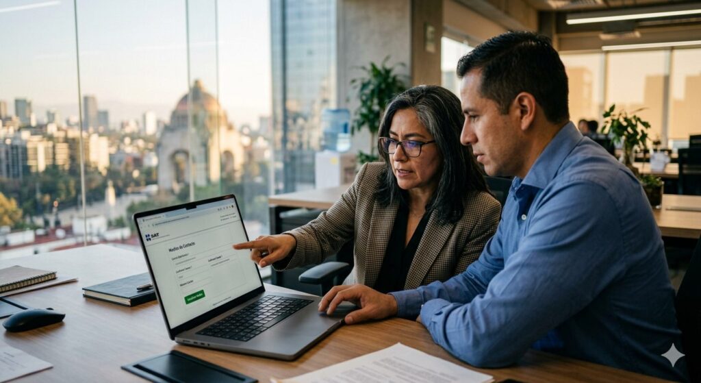 Buzón tributario SAT 2 png Una contadora con el empresario revisan el acceso a su Buzón