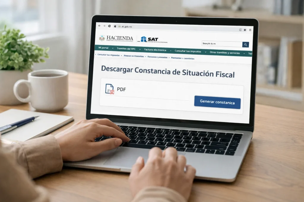 Cómo descargar la constancia de situación fiscal en línea Pantalla del portal del SAT para descargar la constancia de situación fiscal en línea