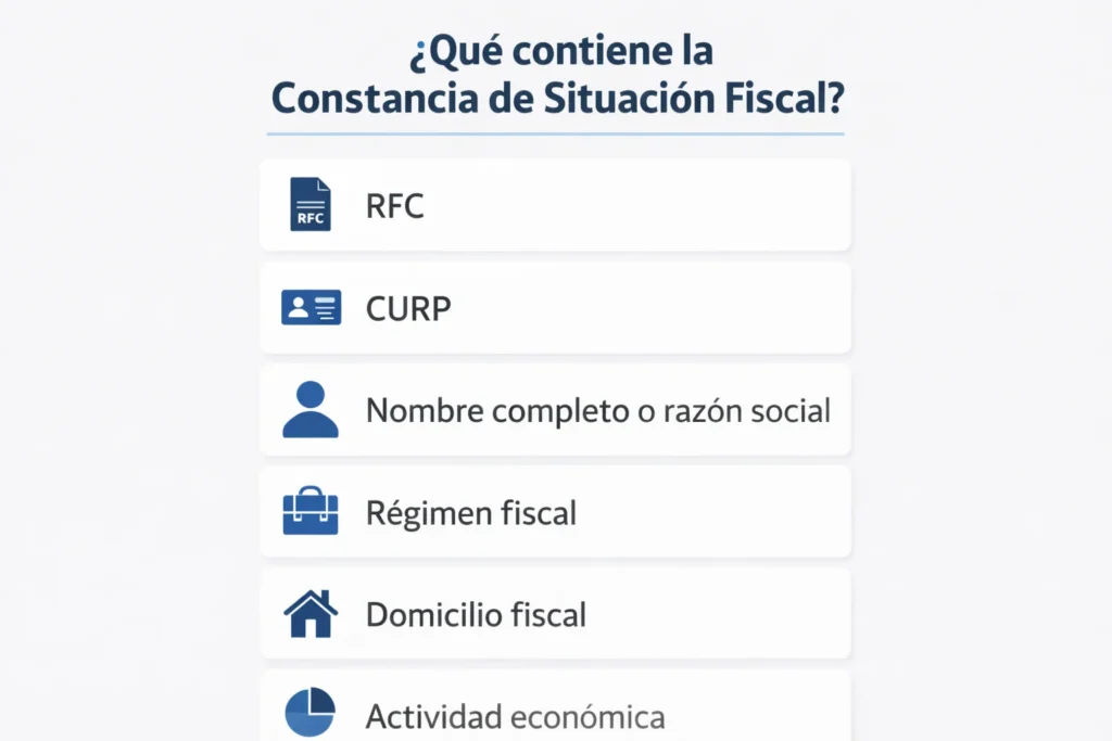 Infografía Constancia de situación fiscal Elementos que incluye la constancia fiscal del SAT como RFC régimen fiscal y domicilio