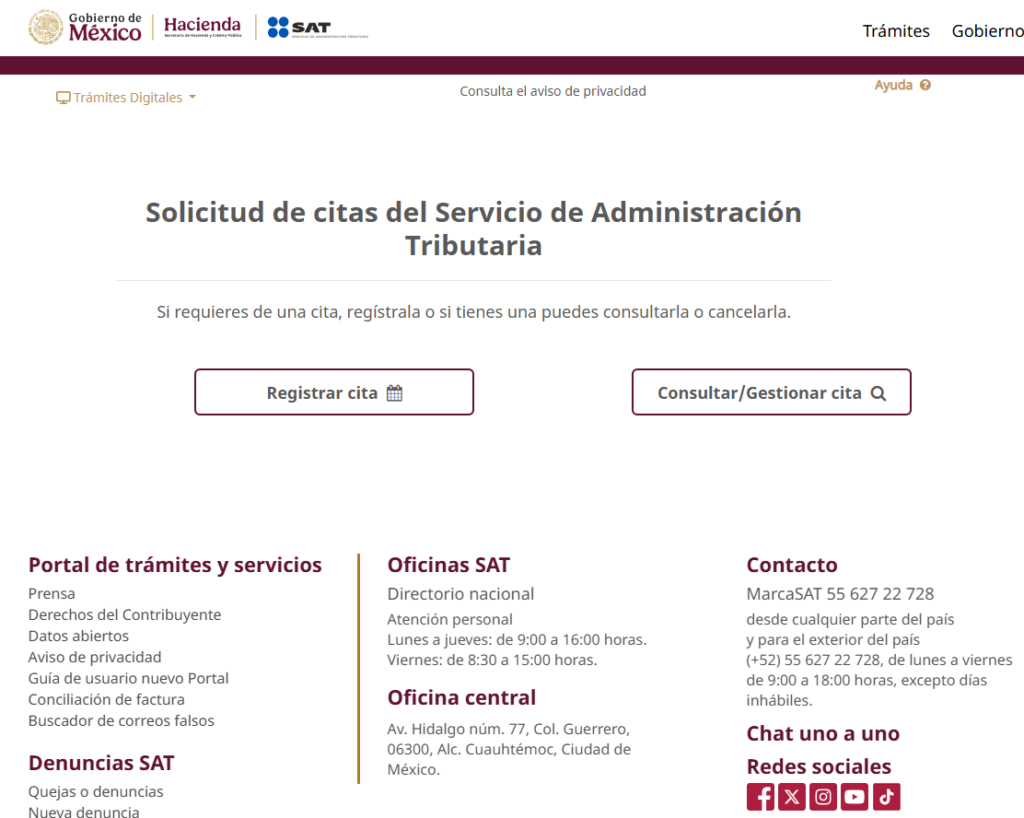 Página para hacer sita en el Hacienda