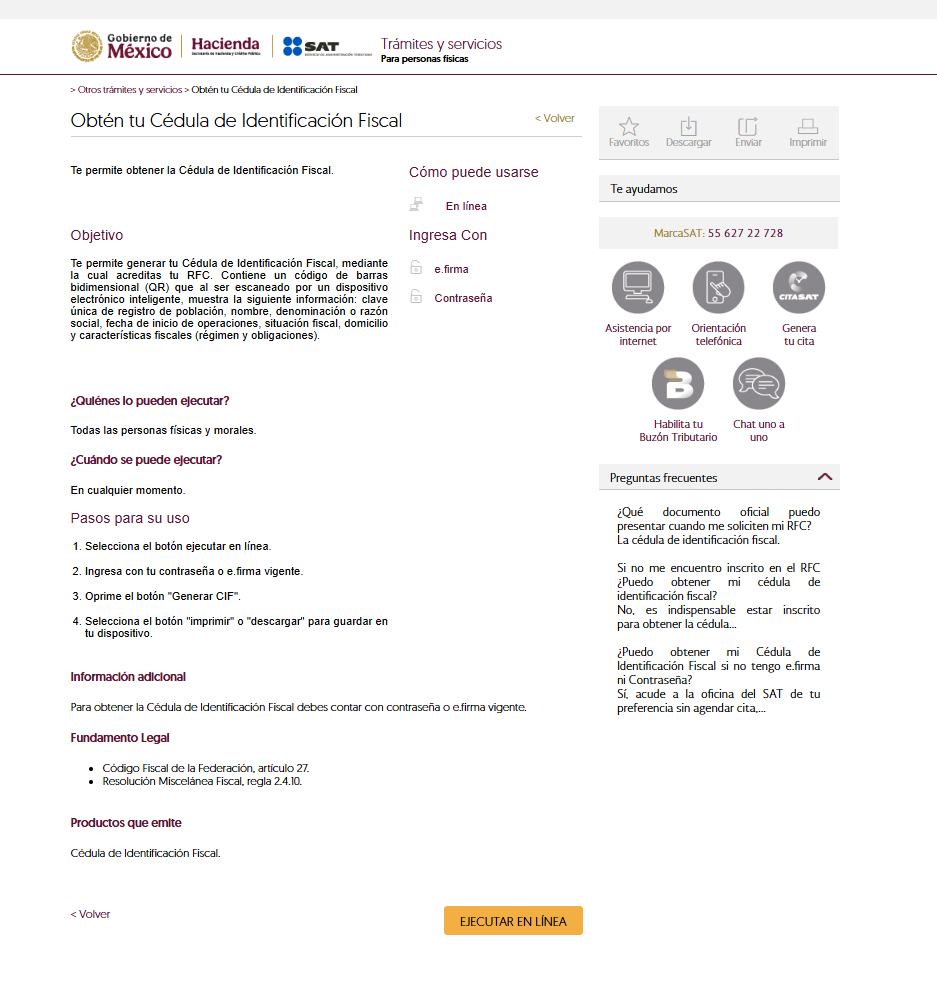 Captura de pantalla del portal para generar la Cédula de Identificación fiscal