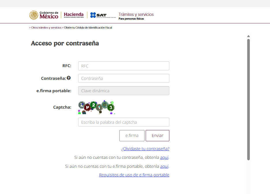 Acceso por contraseña o e-firma al portal del SAT