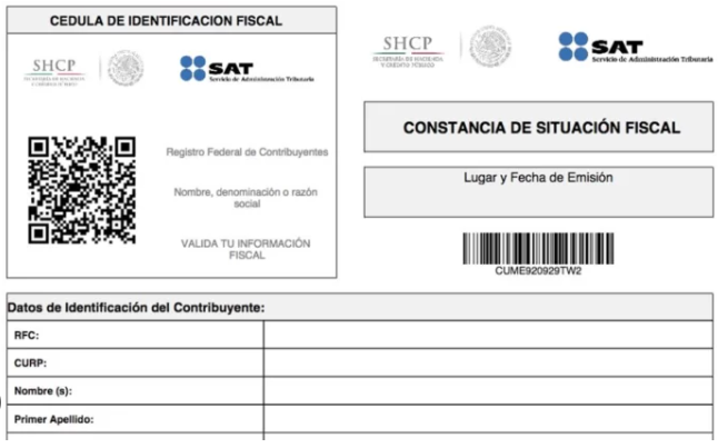 Imagen de una constancia de situación fiscal del SAT