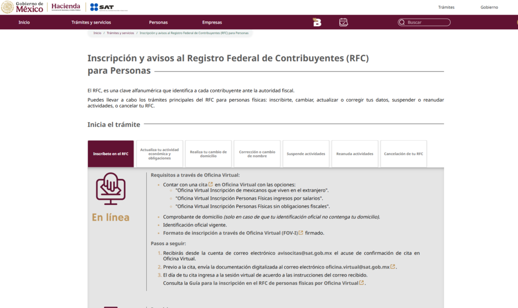 Imagen de los requisitos para tramitar el RFC en línea