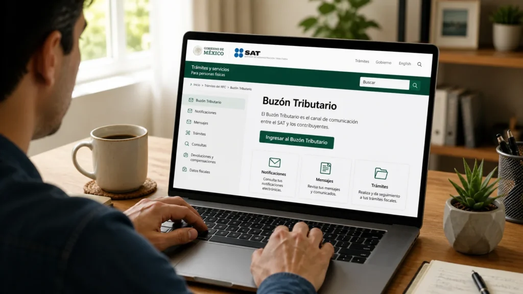 Un usuario persona física revisa el buzón tributario en una laptop