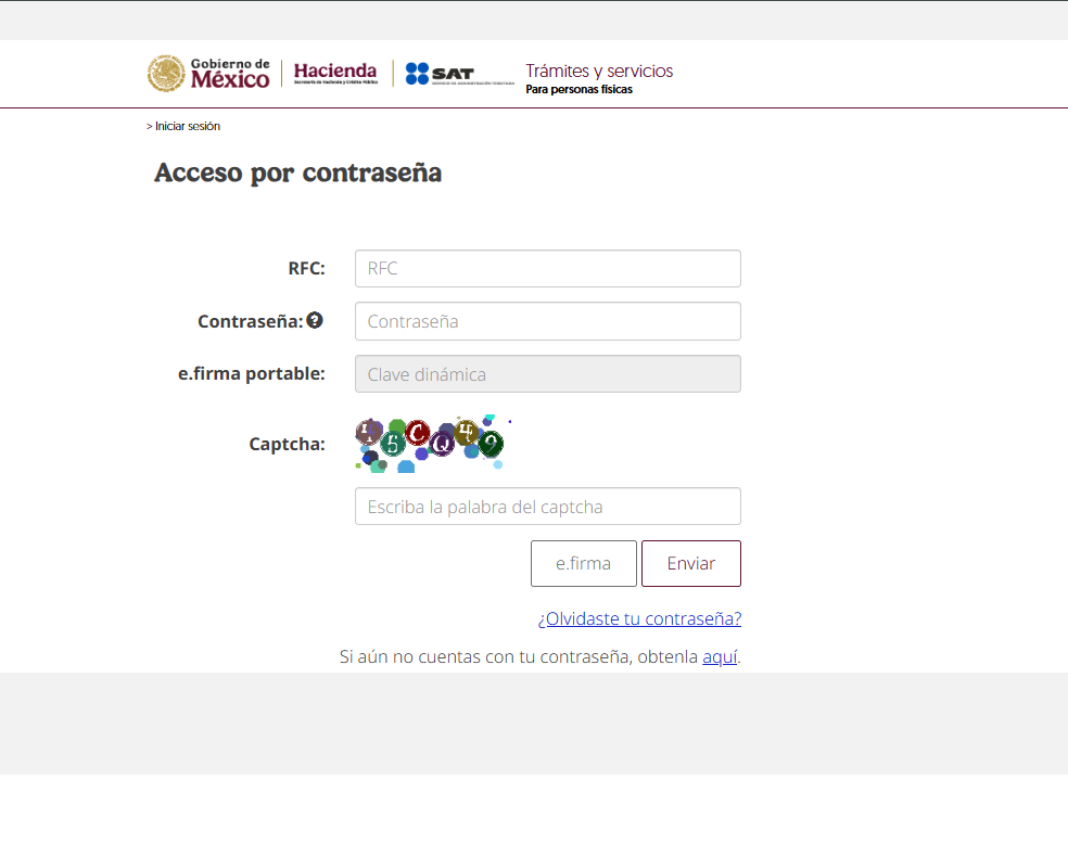 Espacios para colocar RFC y contraseña para acceder al Buzón tributario