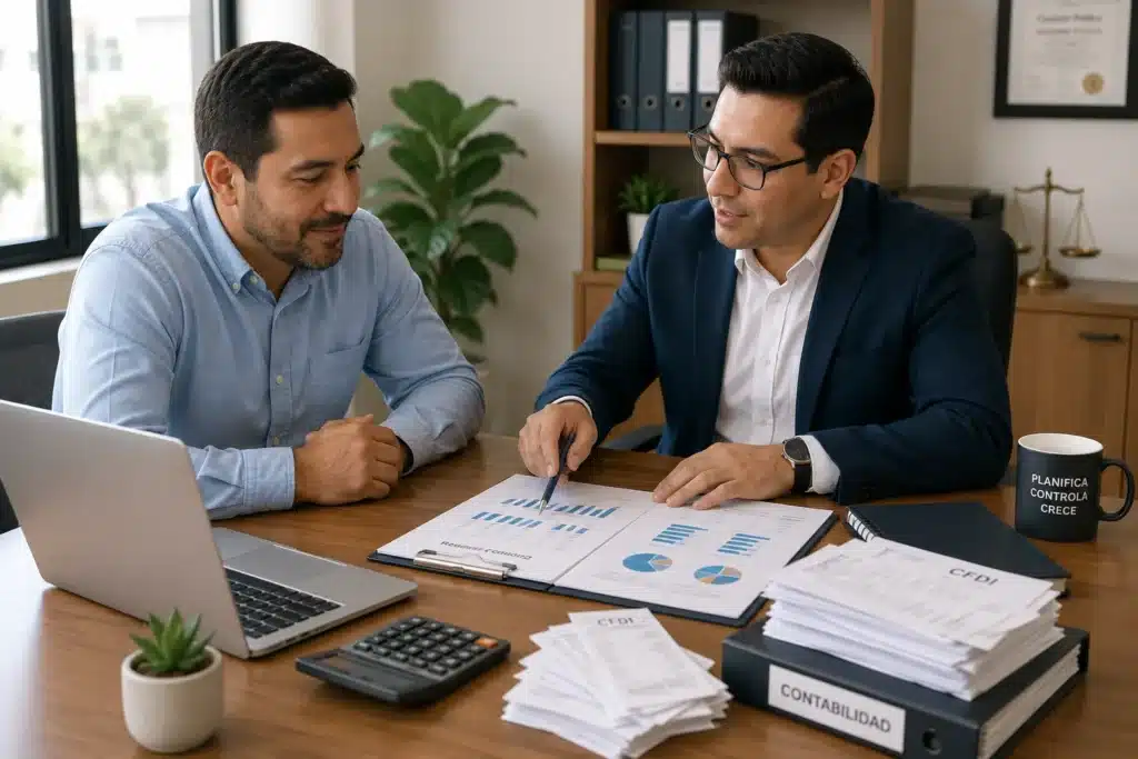 Cuanto cuesta un contador 2 Imagen de un empresario y un contador para ilustrar cuánto cobra un contador por llevar la contabilidad de una pyme