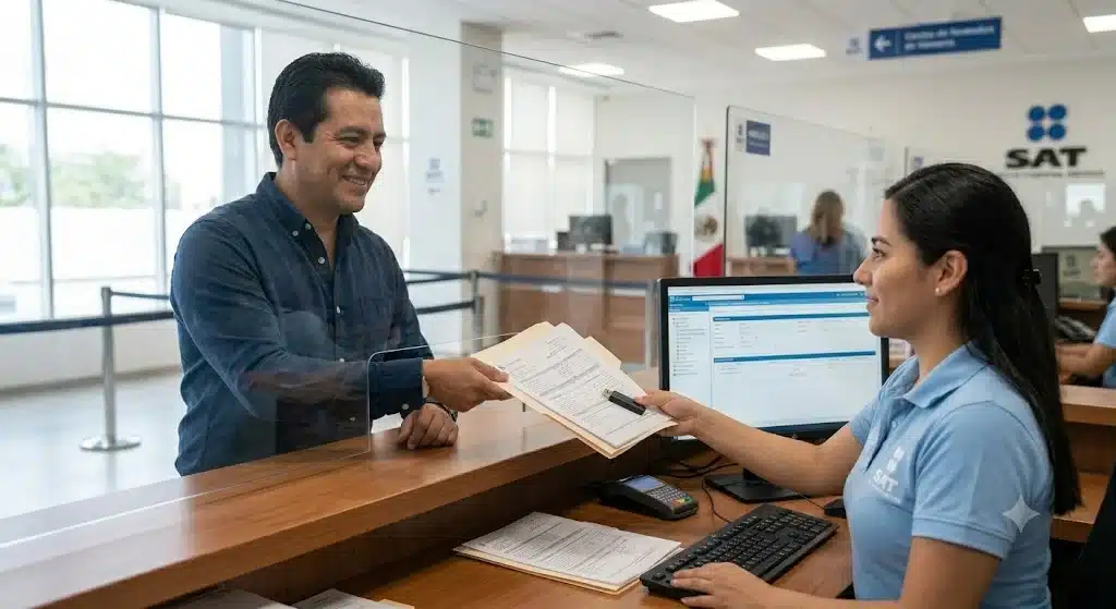 Imagen de un contribuyente en la delegación del SAT entregando su documentación.