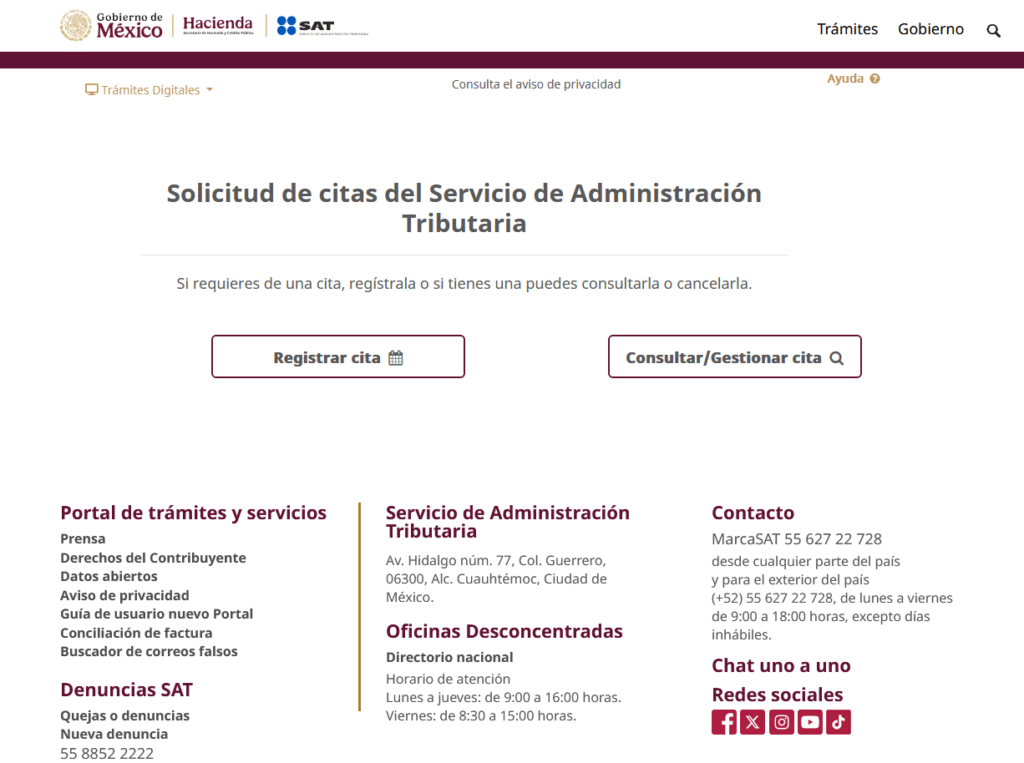 Imagen de la plataforma del SAT para agendar Citas