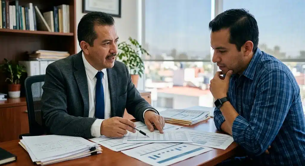 Imagen de un empresario con un contador que le explica cuándo conviene ser RESICO