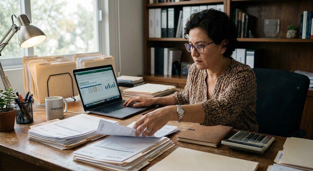 Una contadora revisando las cuentas de un cliente RESICO