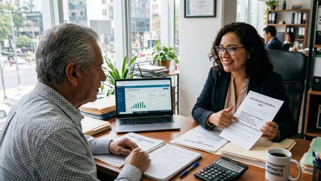 Empresario y contador revisan documentos para calcular pagos provisionales de impuestos. Imagen para responder a qué son los pagos provisionales de impuestos